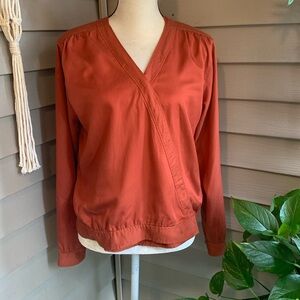 Duluth Trading Company Tencel printed wrap shirt.